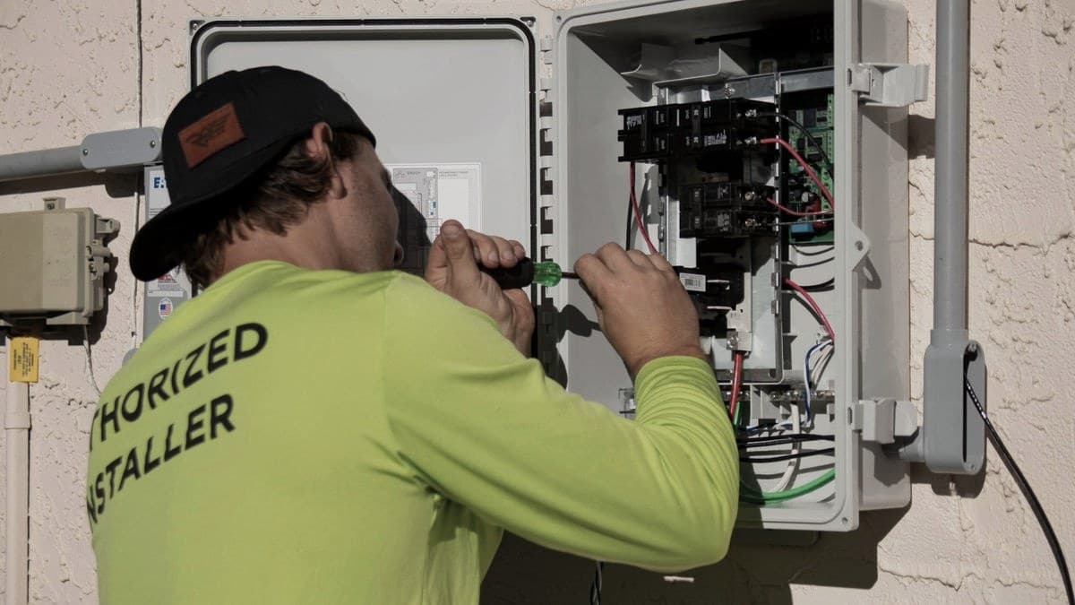 An electrician working on an open breaker panel