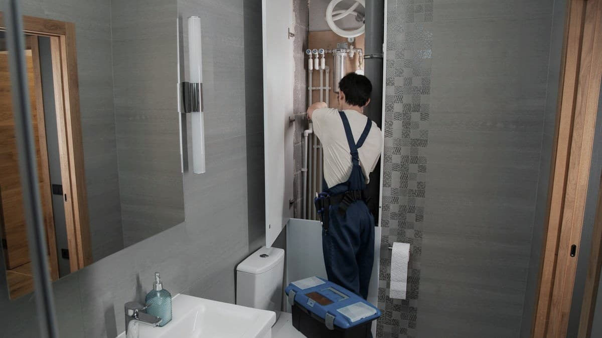 A plumber at work under a bathroom sink